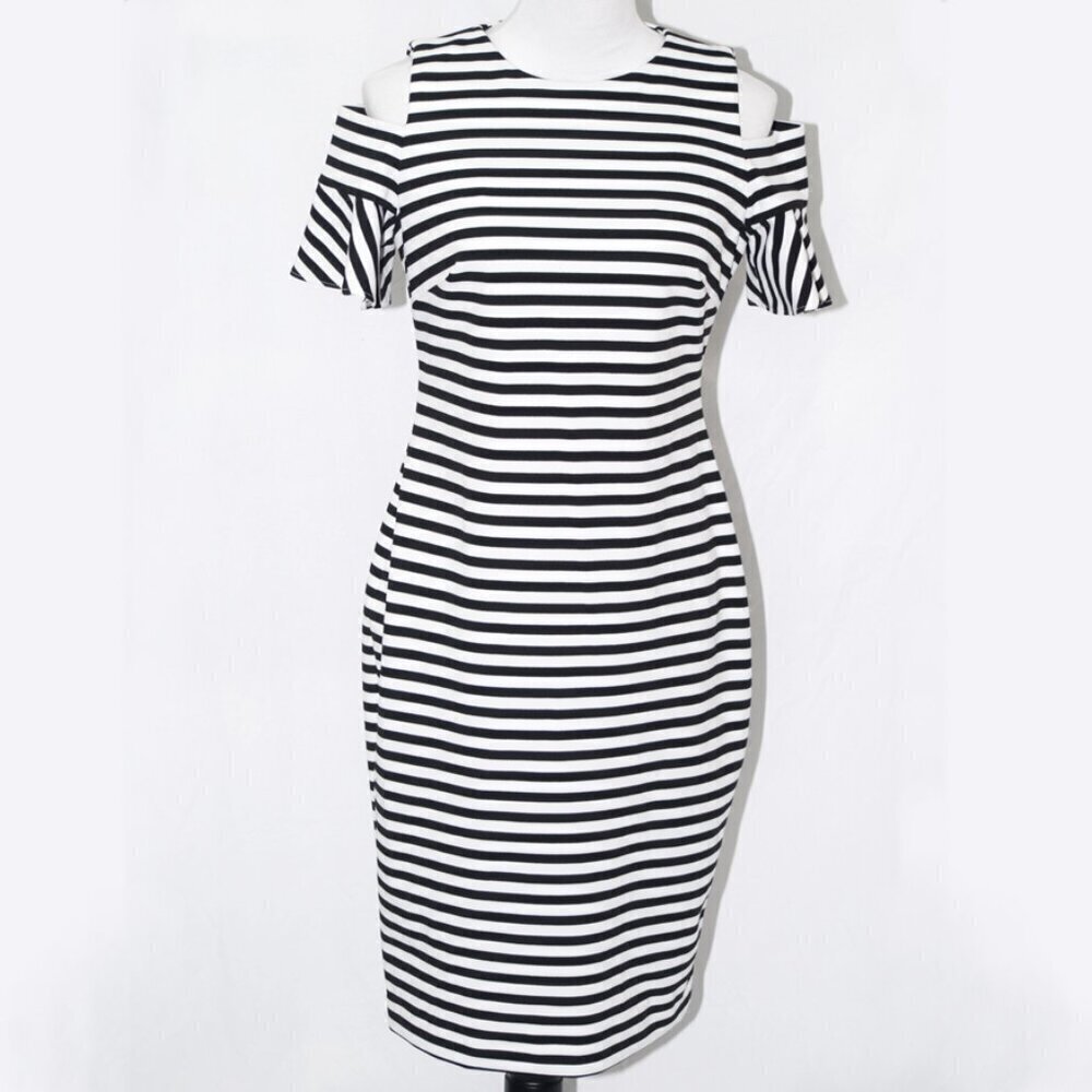 Calvin Klein womens size 6 black white stripe dress horizontal peekaboo shoulder